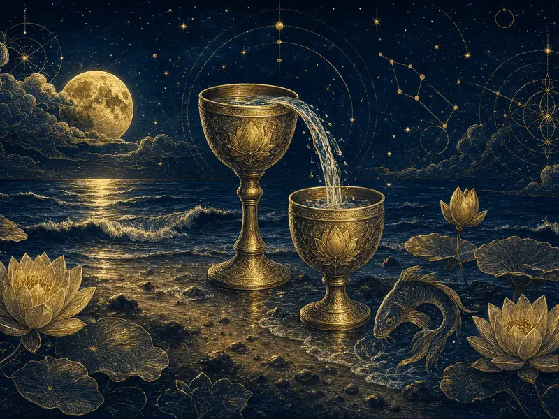 Two golden chalices pouring water on a moonlit shore among lotus flowers, engraved in gold on navy