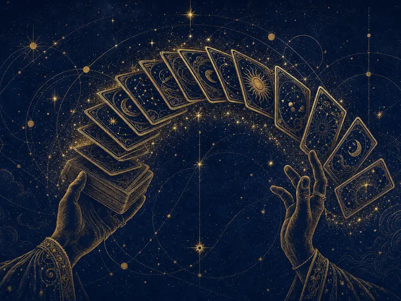 Two engraved hands fanning a deck of tarot cards in a wide arc across a starry night sky, gold on deep blue