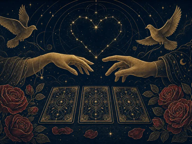 Duas mãos se aproximam sobre três cartas de tarot, com rosas vermelhas, pombas e uma constelação em forma de coração, em dourado sobre azul-escuro