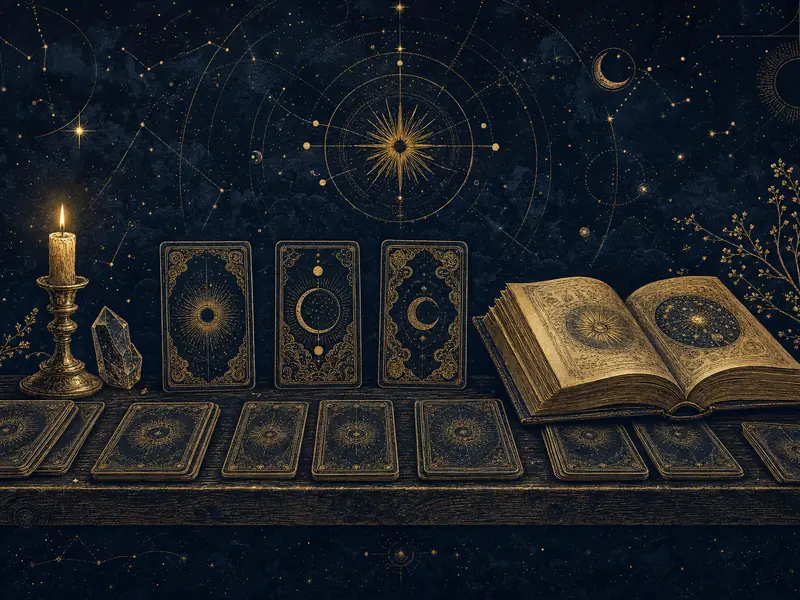 Gece göğü altında tarot kartları, yanan bir mum ve açık bir yıldız atlası; lacivert üzerine altın gravür