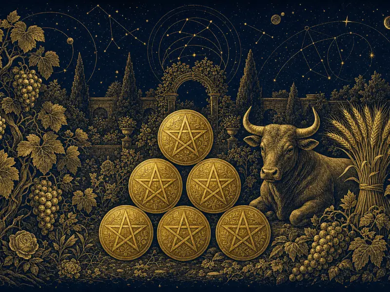Golden star-engraved coins in a walled garden with vines, wheat and a resting bull