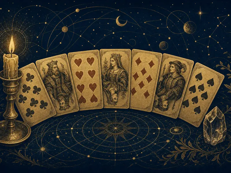 A fan of playing cards engraved in gold on navy