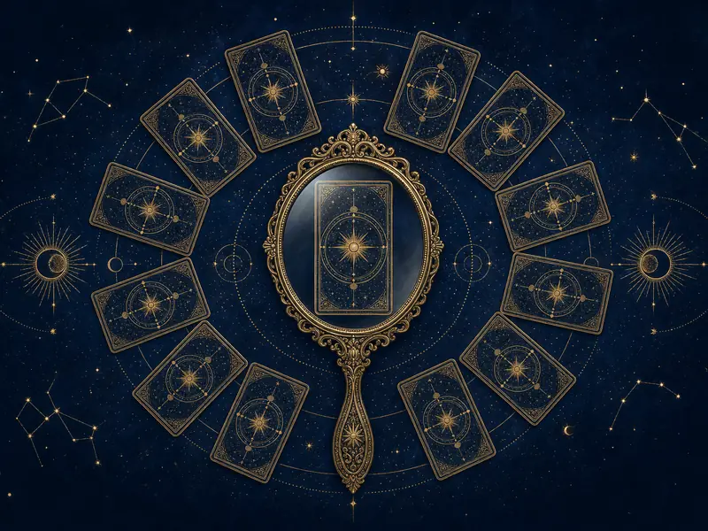 An ornate gold hand mirror reflecting a tarot card, inside a ring of card backs, crescent moons and stars, gold on deep blue