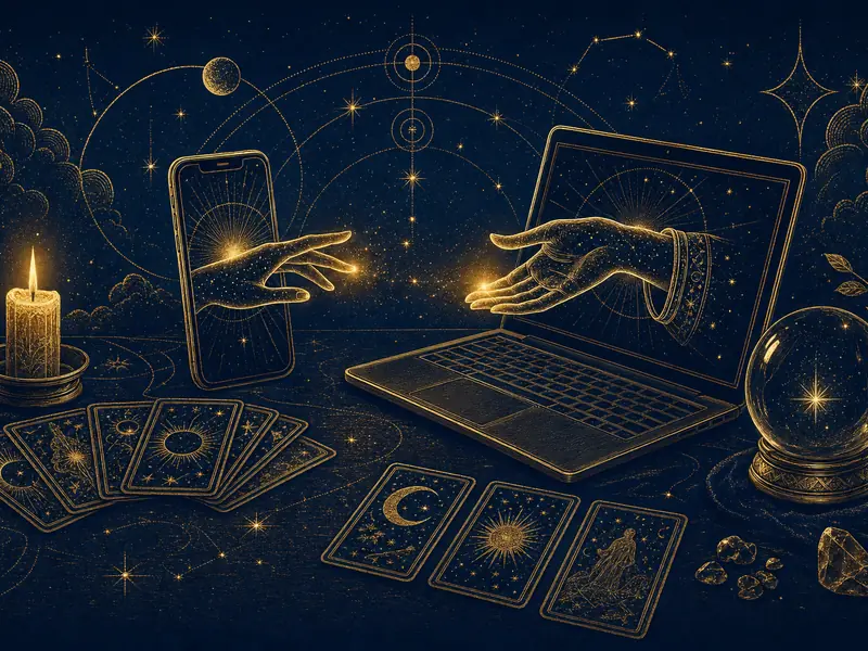 Illustration: hands reaching towards each other out of a phone and a laptop, among tarot cards, a candle and a crystal ball