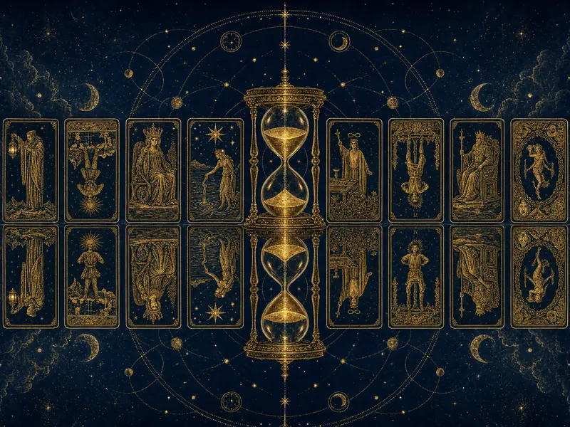 Tarot cards mirrored upside down in still water around a golden hourglass