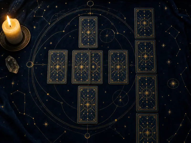 Tarot cards laid face-down in a Celtic Cross beside a lit candle and a crystal