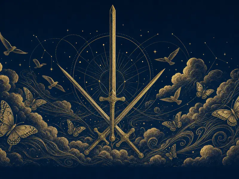 Upright and crossed swords among wind-swept clouds, with birds and butterflies in flight