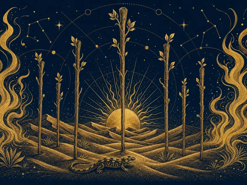 Sprouting wooden staffs among desert dunes and gold flames, a salamander and a rising sun
