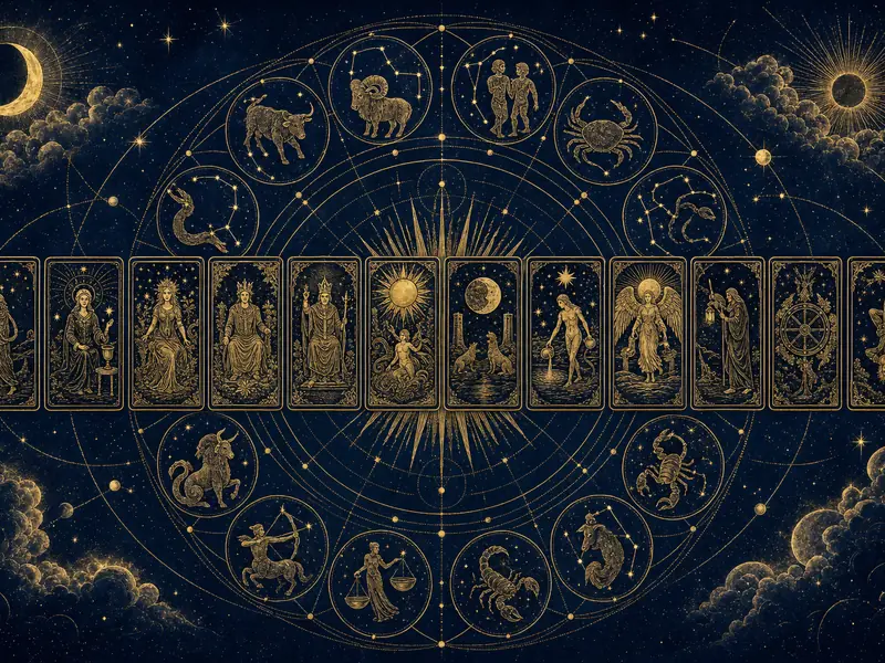 Twelve Major Arcana cards engraved in gold on navy, in a row across a zodiac wheel with constellation medallions and a sunburst