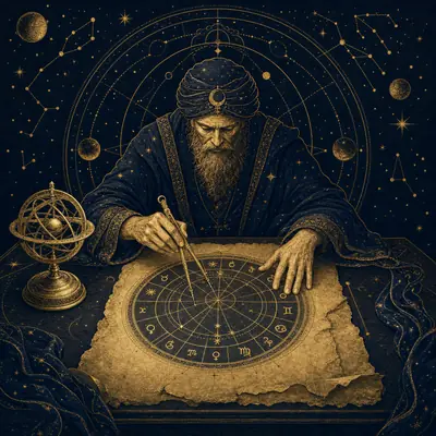 Illustration of hands drawing a natal chart wheel with a compass