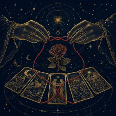 Illustration of hands holding two intertwined threads over a tarot spread