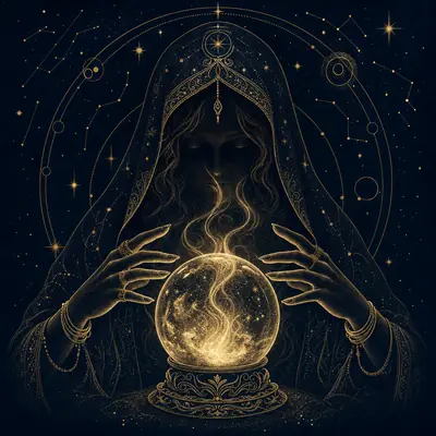 Illustration of hands resting around a softly glowing crystal ball
