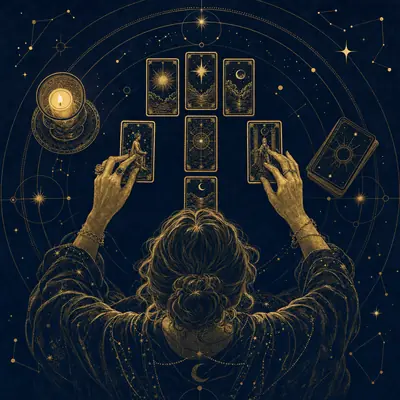Illustration of a tarot reader’s hands laying out cards by candlelight