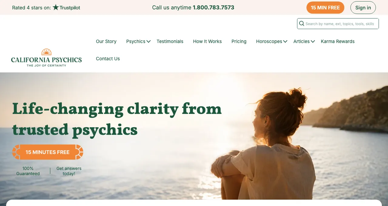 California Psychics home page showing 15 MINUTES FREE, TrustScore 4.1 and phone number 1.800.783.7573