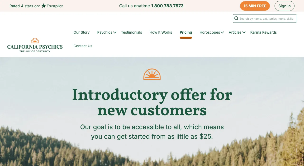 California Psychics pricing page showing an introductory offer from $25