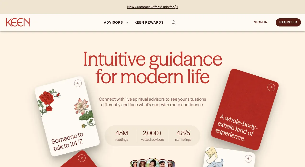 Keen home page with New Customer Offer: 5 min for $1, 45M readings, 2,000+ vetted advisors and 4.8/5 star ratings