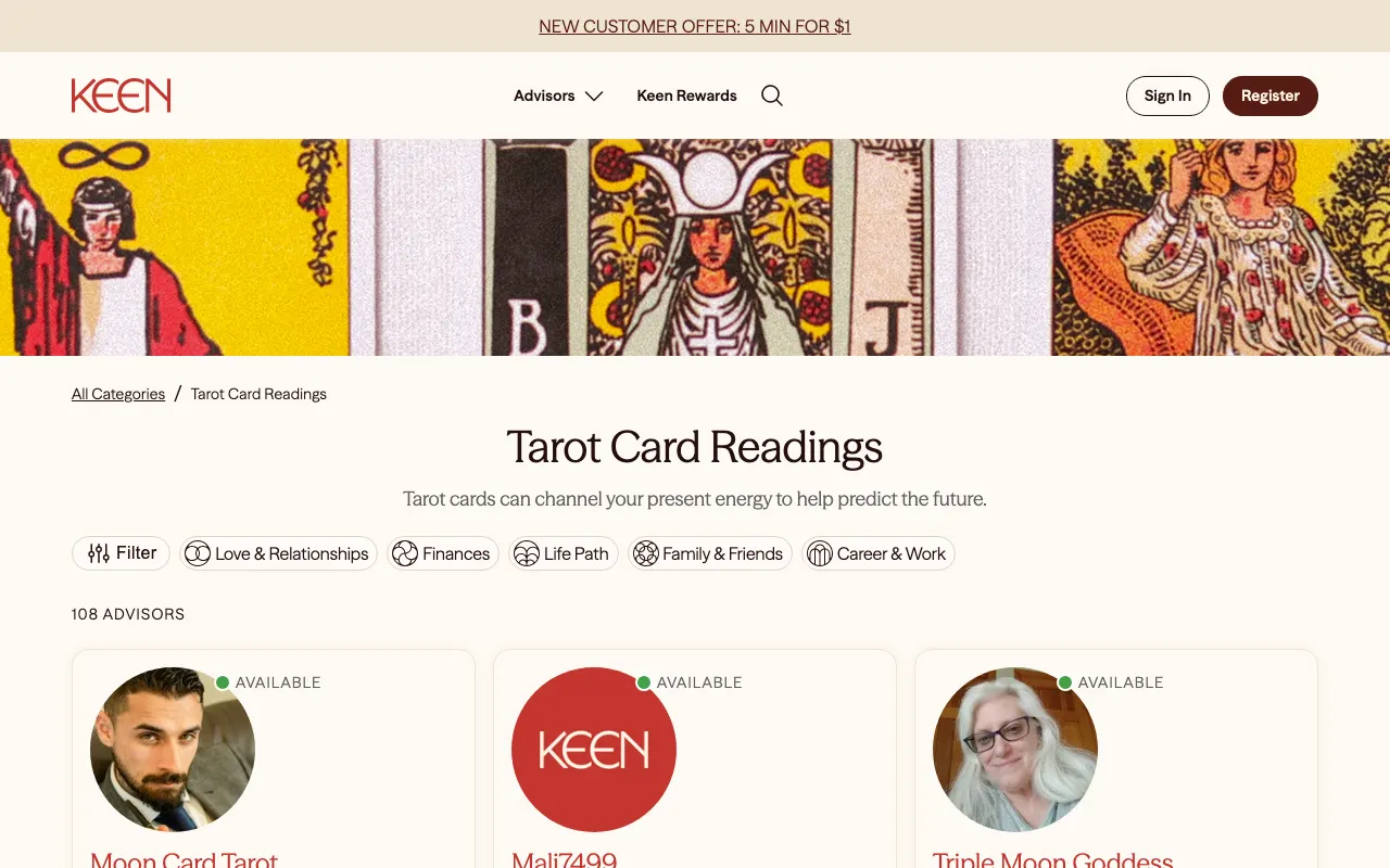 Keen Tarot Card Readings page showing 108 ADVISORS, filters and available reader cards