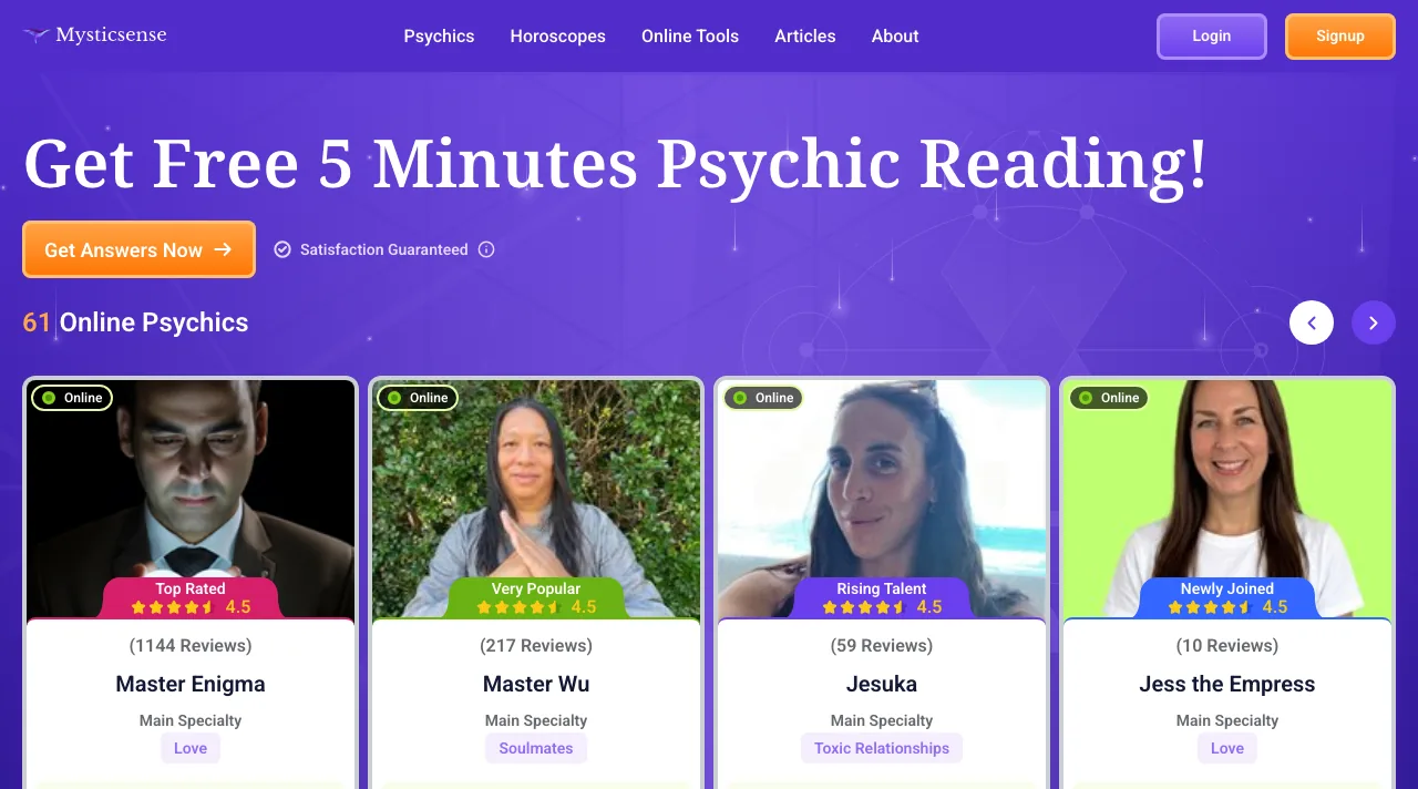 The Mysticsense offer page titled Get Free 5 Minutes Psychic Reading