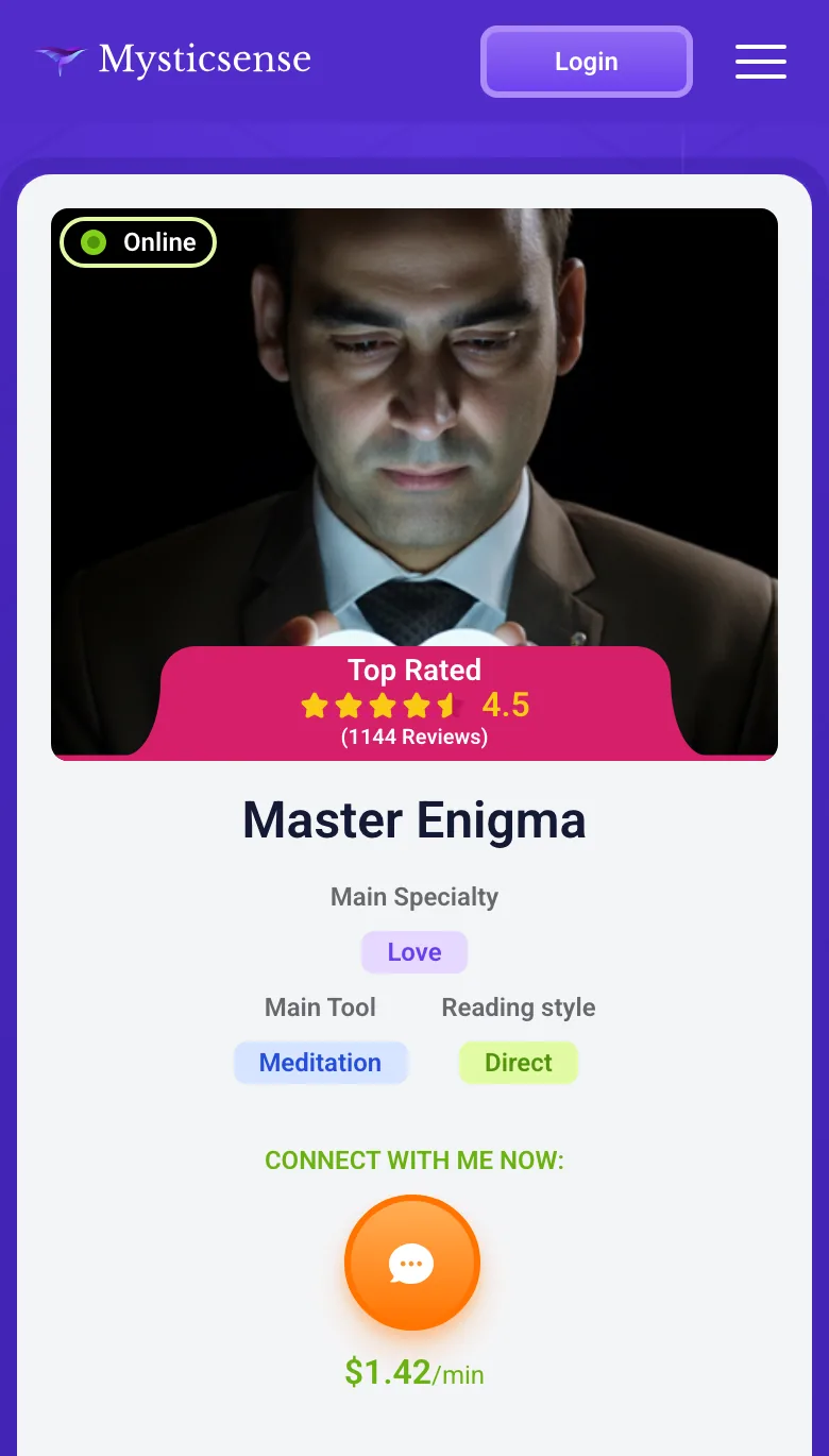 A Mysticsense reader profile on a phone, with the chat rate of $1.42 a minute under the connect button