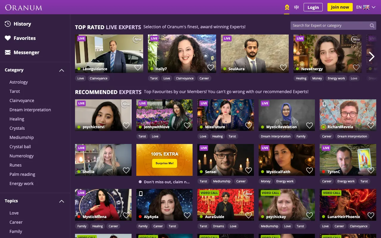 Oranum home page with live expert video tiles and categories at the side