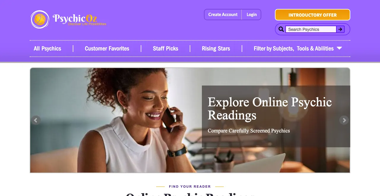 PsychicOz home page showing Explore Online Psychic Readings and an Introductory offer button