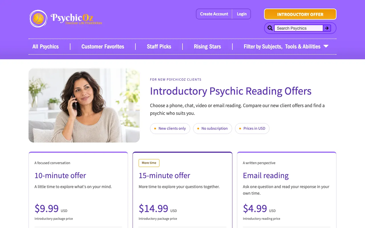 PsychicOz introductory offers page showing $9.99, $14.99 and $4.99 packages