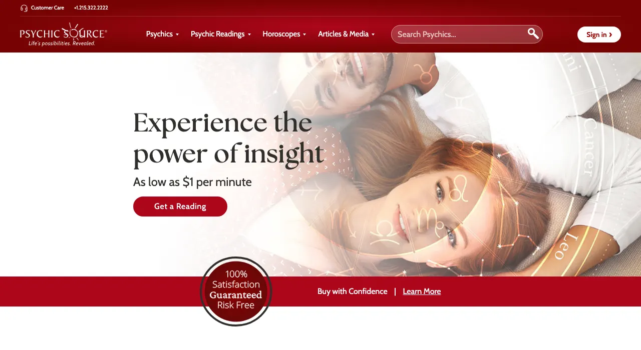Psychic Source home page showing As low as $1 per minute and a 100% satisfaction seal