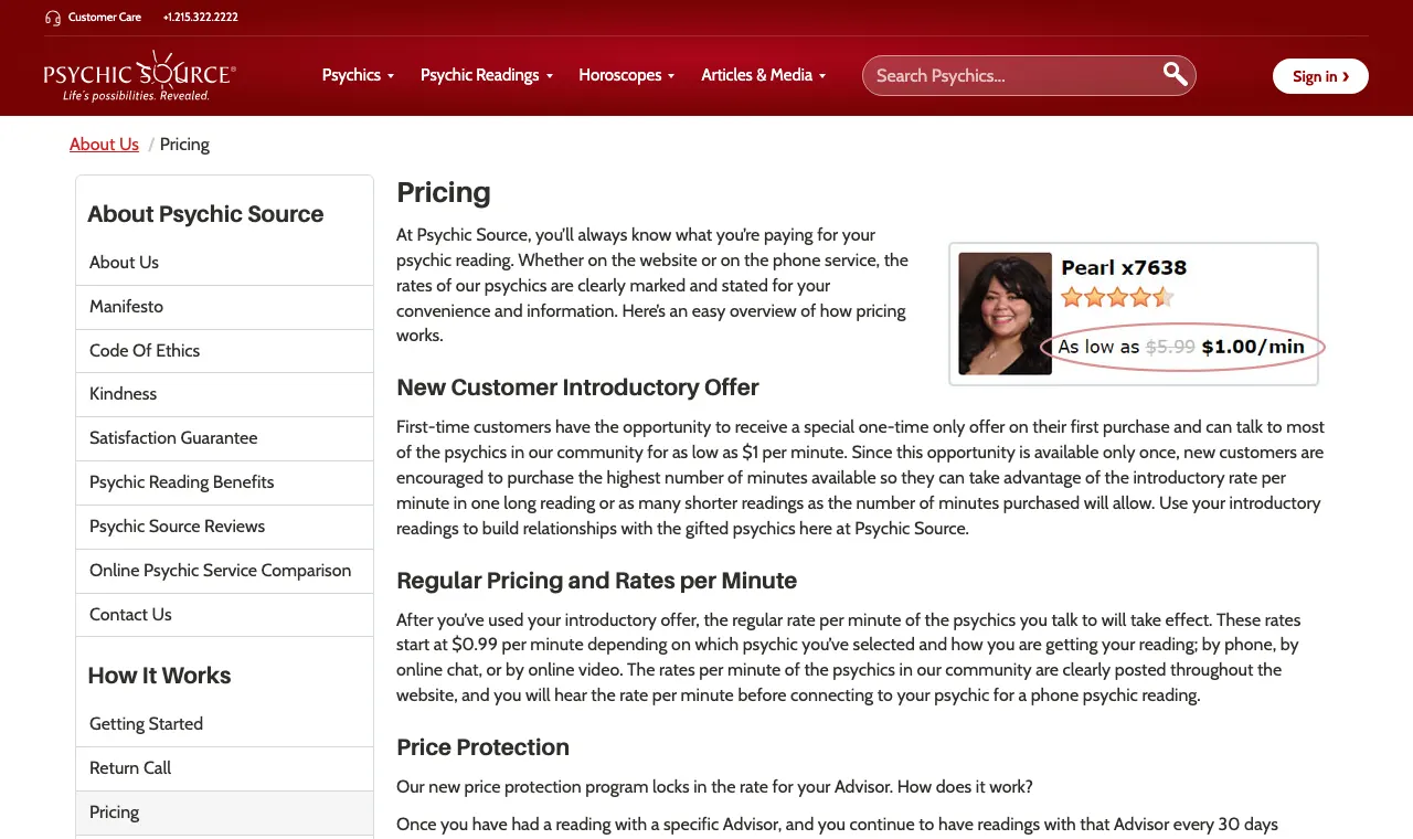 Psychic Source pricing page showing regular rates from $0.99 and an example card at $5.99 to $1.00 per minute