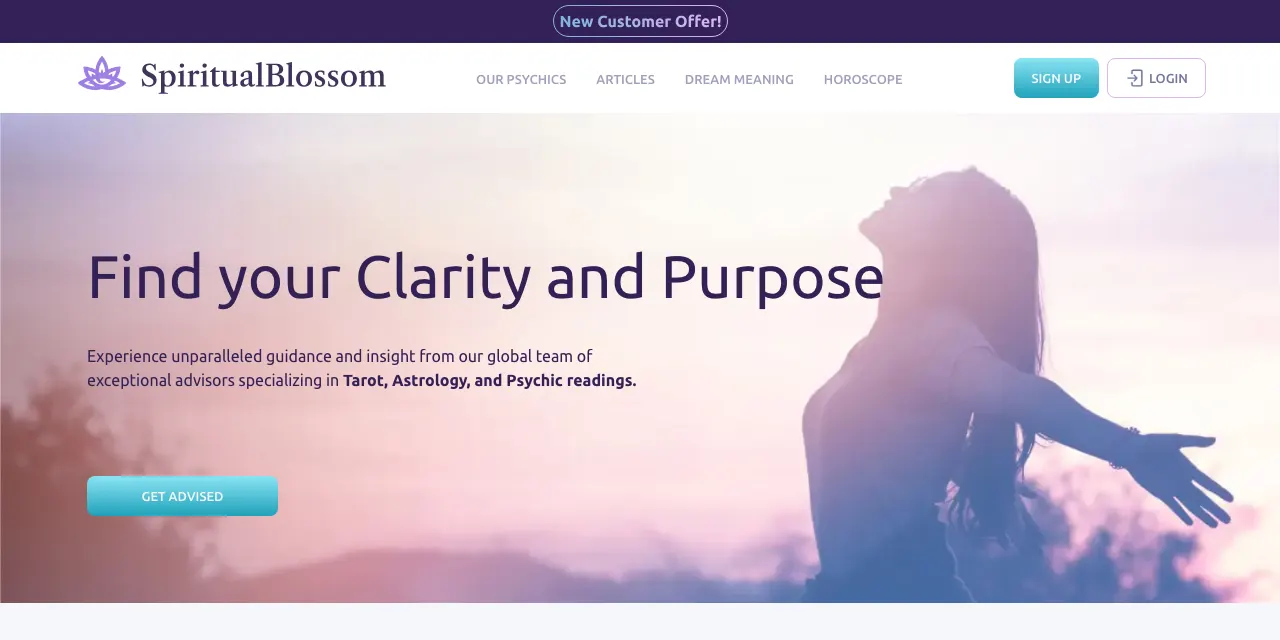 SpiritualBlossom home page with Find your Clarity and Purpose and a New Customer Offer bar