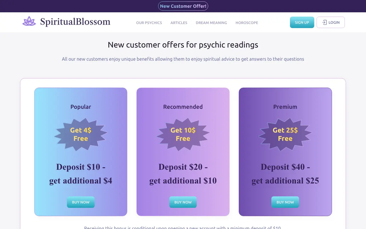 SpiritualBlossom offer page showing Deposit $10 get additional $4, Deposit $20 get additional $10 and Deposit $40 get additional $25