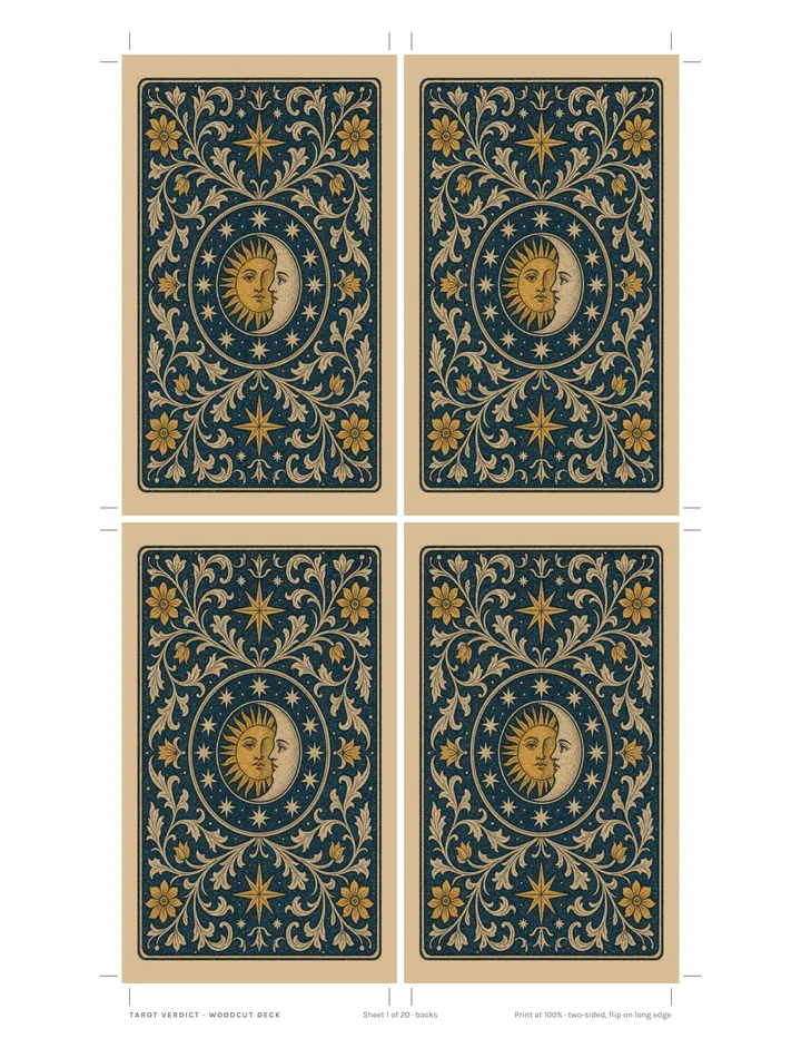 Printable sheet of four tarot card backs: a sun and crescent moon among gold flowers on navy