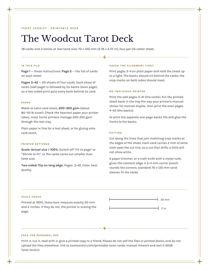 First page of the printable tarot deck PDF with printing instructions and a scale check